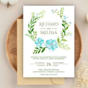 Teal and Green Botanical Floral Wreath Wedding Invitation