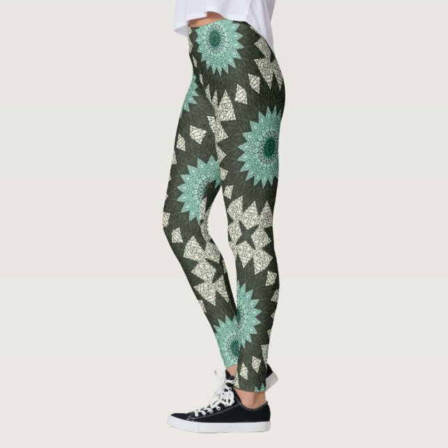 Teal and Green Geometric Mandala Pattern Leggings (Left)