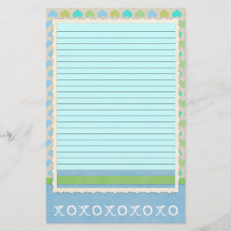Teal and Green Hearts Stationery - optional lines