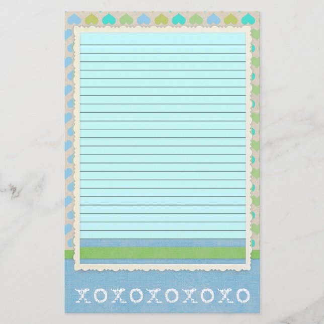 Teal and Green Hearts Stationery - optional lines (Front)