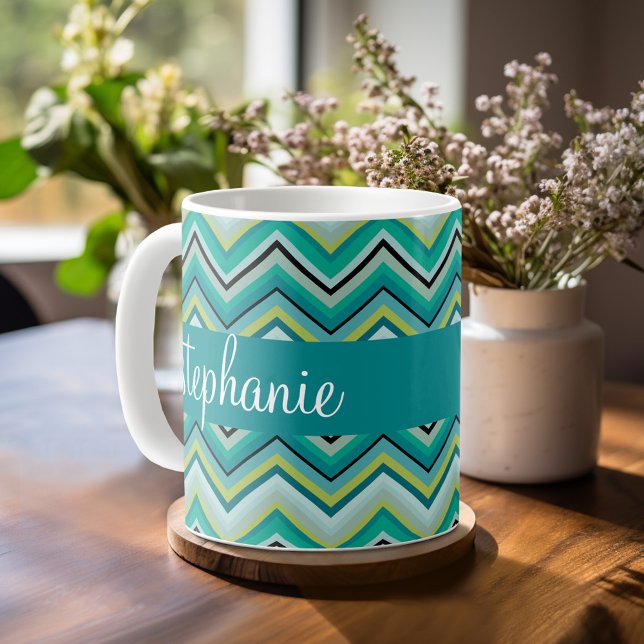 Teal and Green Huge Chevron Pattern Custom Name Coffee Mug (Mug template with a place for custom text)