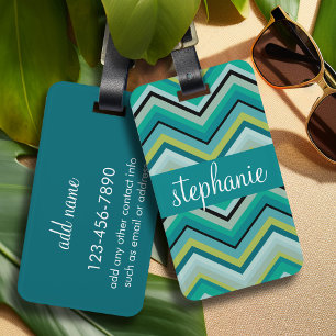 Teal and Green Huge Chevron Pattern Custom Name Luggage Tag
