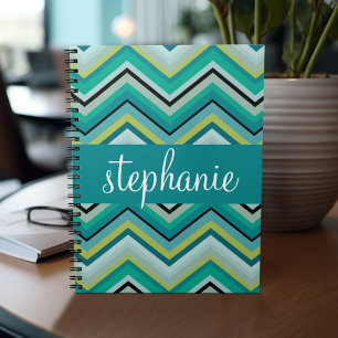 Teal and Green Huge Chevron Pattern Custom Name Notebook