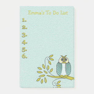 Teal and Green Owl Personalised To Do List Post-it Notes