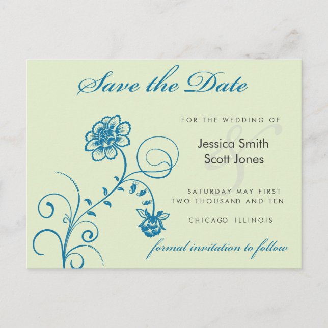 teal and green save the date announcement postcard (Front)
