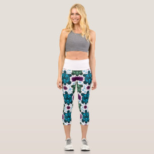 Teal and green sea turtles lotus pattern capri leggings