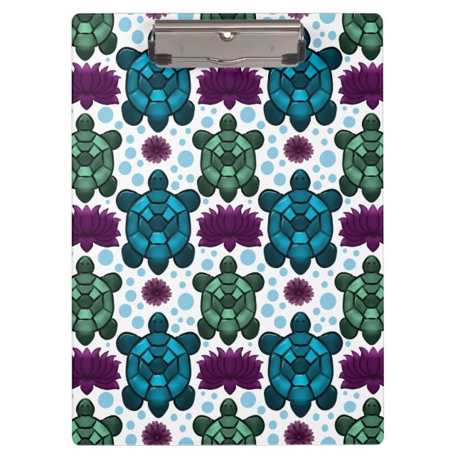 Teal and green sea turtles lotus pattern  clipboard (Front)