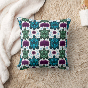 Teal and green sea turtles lotus pattern cushion