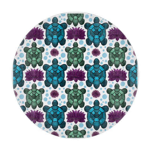 Teal and green sea turtles lotus pattern  cutting board (Front)