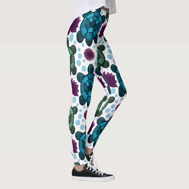 Teal and green sea turtles lotus pattern  leggings (Right)