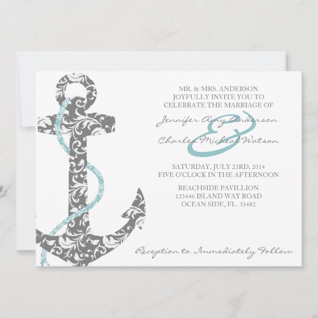 Teal and Grey Anchor Beach Wedding Invitation (Front)