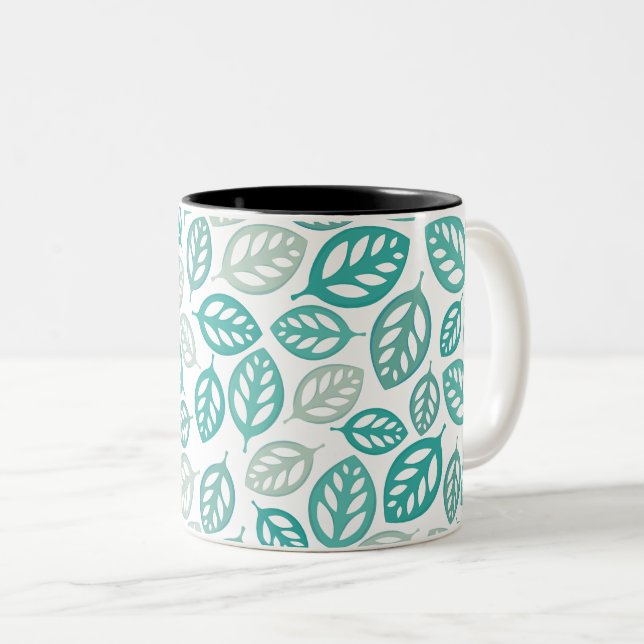 Teal and Grey Botanical Leaf Pattern Two-Tone Coffee Mug (Front Right)