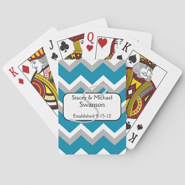 Teal and Grey Chevron Monogram Playing Cards (Back)