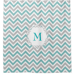 Teal and Grey Chevron Pattern with Custom Monogram Shower Curtain
