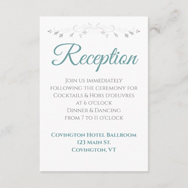 Teal and Grey Elegant Wedding Reception Enclosure Card (Front)