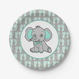 Teal and Grey Elephant Themed Baby Shower Paper Plate
