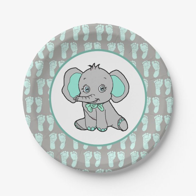 Teal and Grey Elephant Themed Baby Shower Paper Plate (Front)