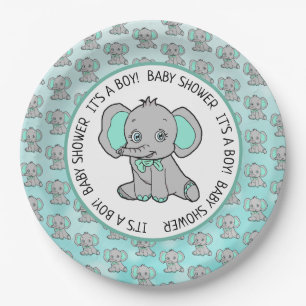 Teal and Grey Elephant Themed Baby Shower Paper Plate