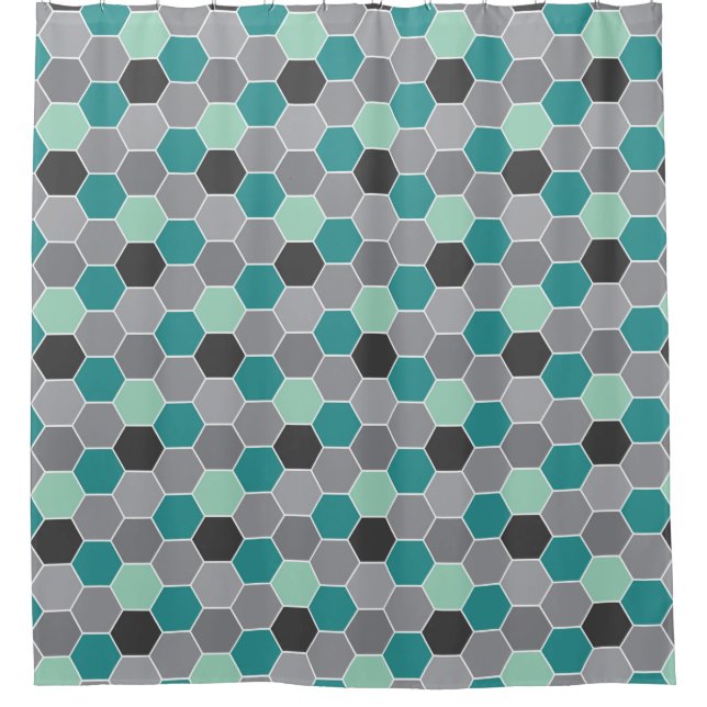 Teal and Grey Honeycomb Pattern Shower Curtain (Front)