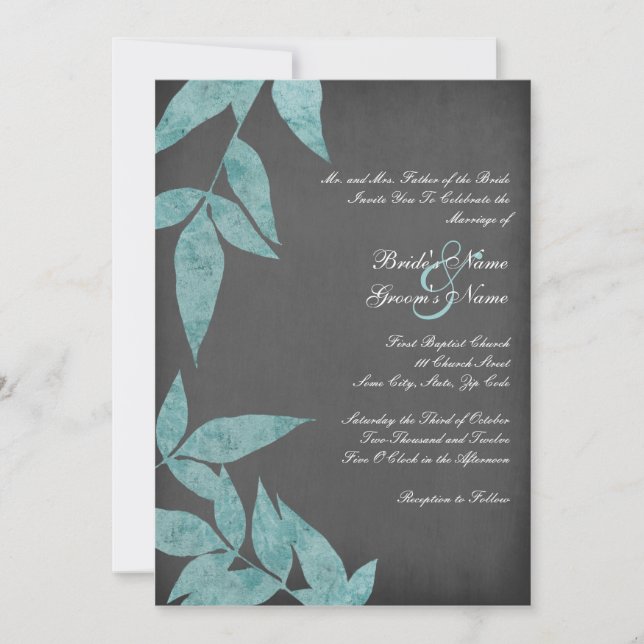 Teal and Grey Leaves Vintage Wedding Invitations (Front)