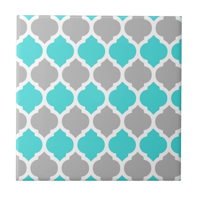 Teal and Grey Moroccan Lattice Tile (Front)