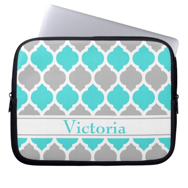 Teal and Grey Moroccan Trellis Pattern Laptop Sleeve (Front)