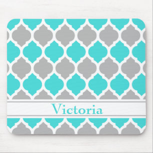 Teal and Grey Moroccan Trellis Pattern Mouse Mat