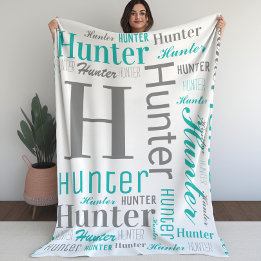 Teal and Grey Name and Monogram Cloud Word Art Fleece Blanket