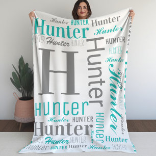 Teal and Grey Name and Monogram Cloud Word Art Fleece Blanket