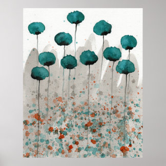 Teal and Grey Poppies, Watercolor Flowers Wall Poster