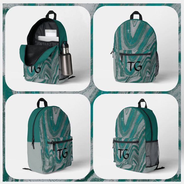 Teal and Grey Stone Natural Abstract Monogrammed Printed Backpack (Creator Uploaded)