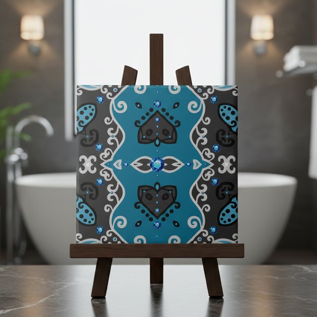 Teal and Grey Vintage Damask Rhinestones Pattern Tile (Creator Uploaded)