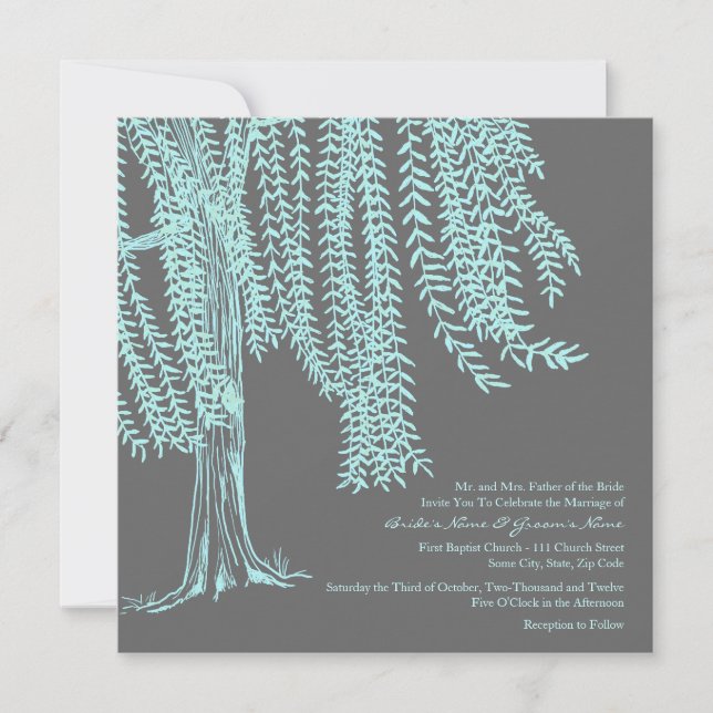 Teal and Grey Willow Tree Wedding Invitation (Front)