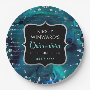 Teal and Iridescent Glitter Letters Quinceanera Paper Plate