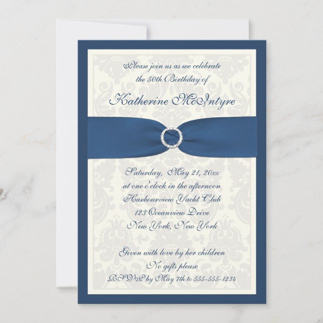 Teal and Ivory Damask 50th Birthday Invite (Front)