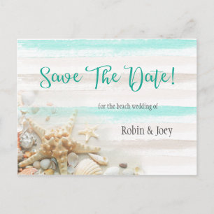 Teal and Ivory Stripes Seashells Save The Date Announcement Postcard