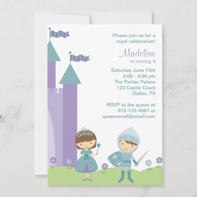 Teal and Lavender Princess and Knight Invitations (Front)