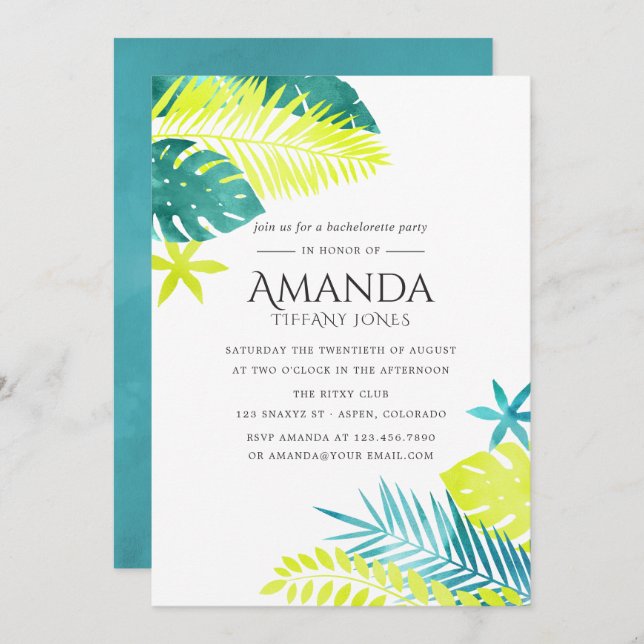 Teal and Lemon Tropical Bachelorette Party invite (Front/Back)