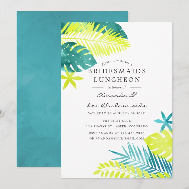 Teal and Lemon Tropical Bridesmaids Luncheon Invitation (Front/Back)