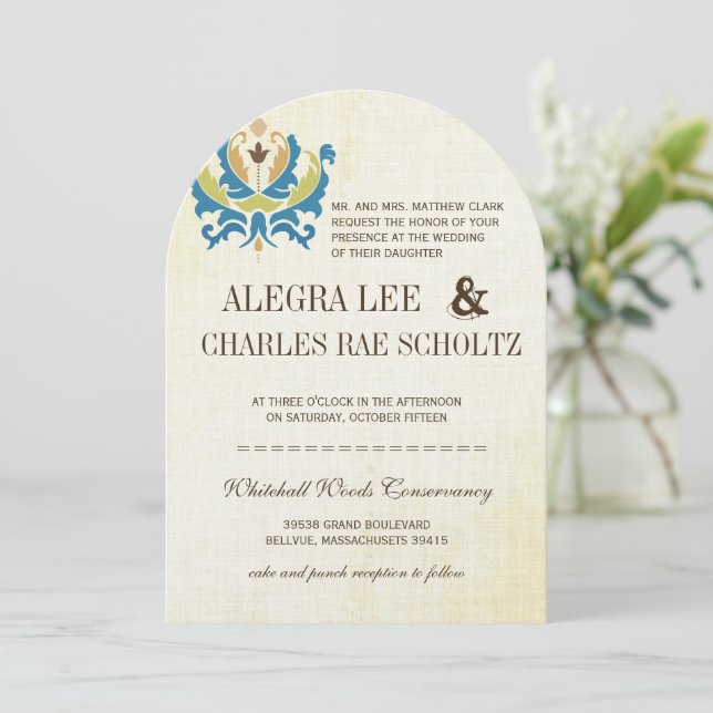 Teal and Lime Damask Modern Chalkboard Invitation (Standing Front)