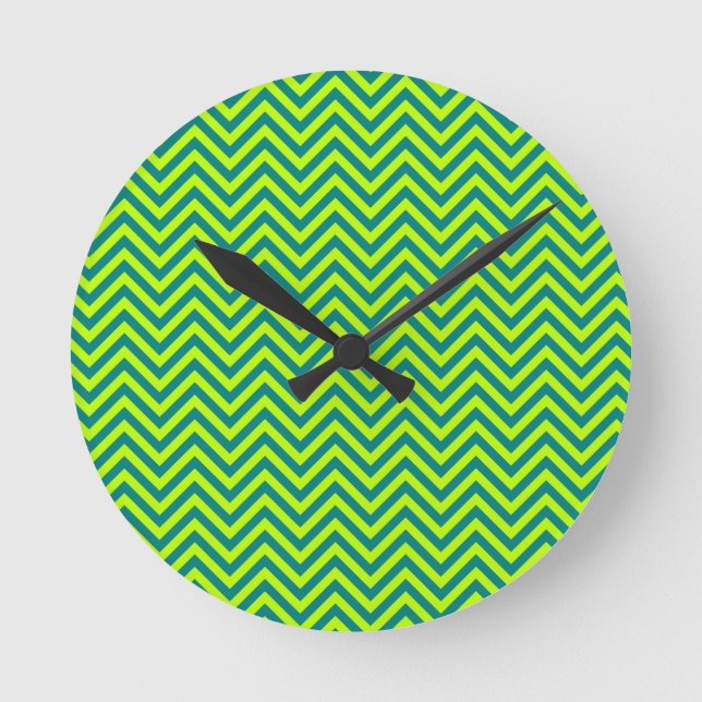 Teal And Lime Green Chevron Pattern Round Clock (Front)