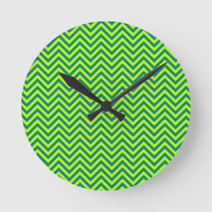 Teal And Lime Green Chevron Pattern Round Clock