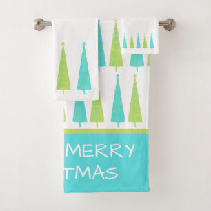 Teal and Lime Green Christmas Trees Personalised Bath Towel Set