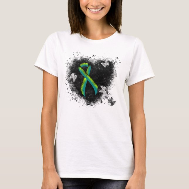 Teal and Lime Green Grunge Heart T-Shirt (Front)