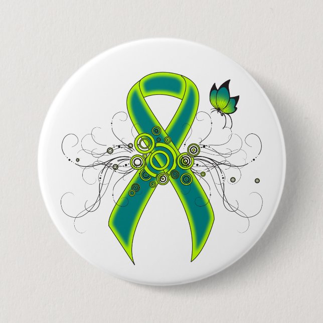 Teal and Lime Green Ribbon with Butterfly 7.5 Cm Round Badge (Front)