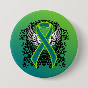 Teal and Lime Green Ribbon with Wings 7.5 Cm Round Badge