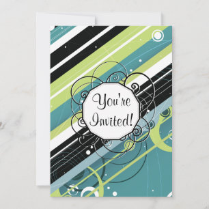 Teal and Lime Modern-Retro Stripes with Monogram Invitation