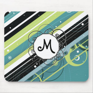 Teal and Lime Modern-Retro Stripes with Monogram Mouse Mat