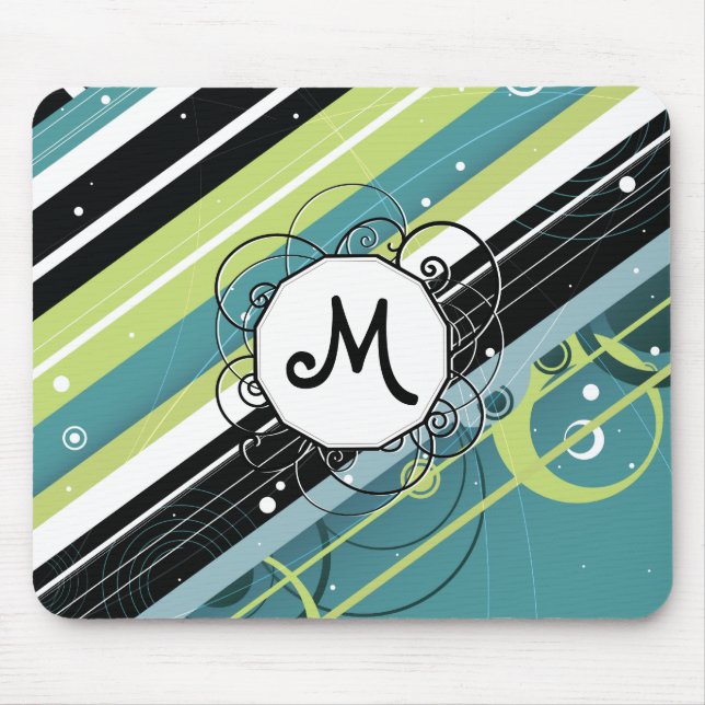 Teal and Lime Modern-Retro Stripes with Monogram Mouse Mat (Front)