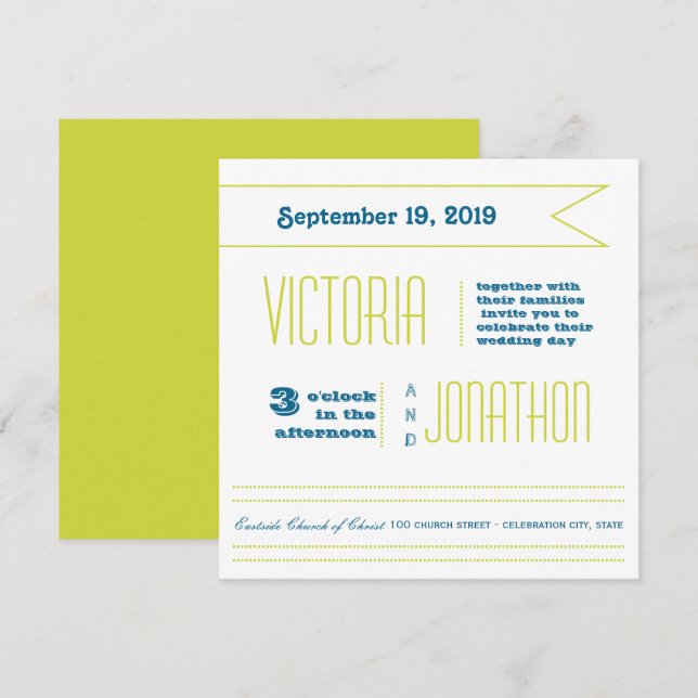 Teal and Lime Modern Typography Wedding Invitation (Front/Back)